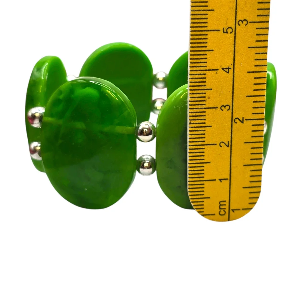 Chunky Stretch Green Beaded Bold Oval Plastic Silver Tone 7